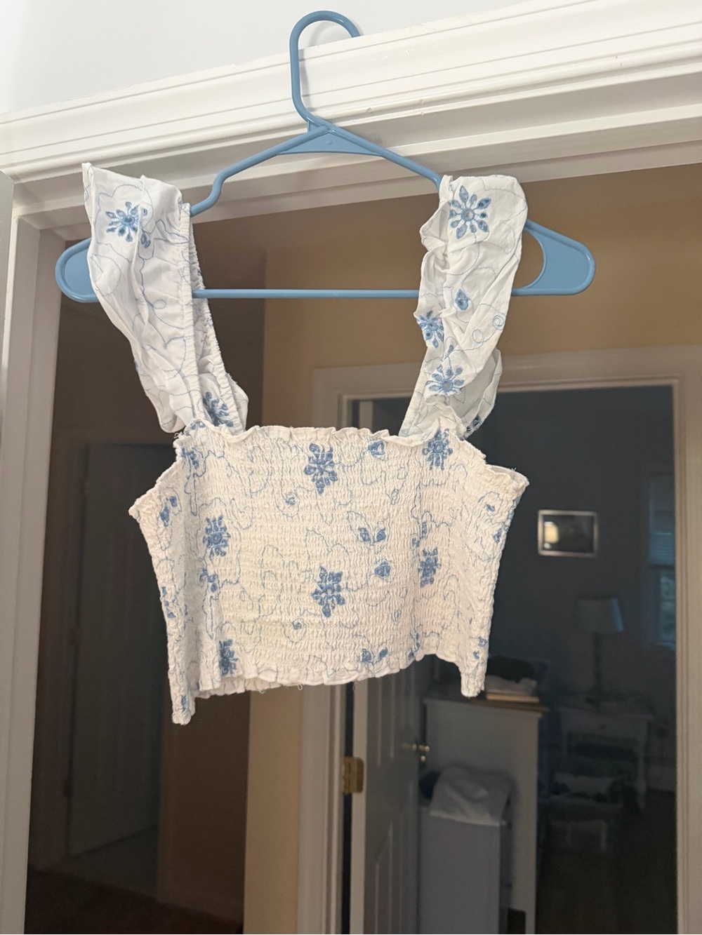 White Floral Smocked Crop Top with Blue Embroidery